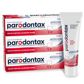 Parodontax front packaging showing three tubes and product benefits
