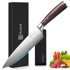 PAUDIN chef knife front view showing full blade and handle benefits balance