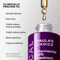 Paula's Choice label close-up highlighting 20% niacinamide for targeted results