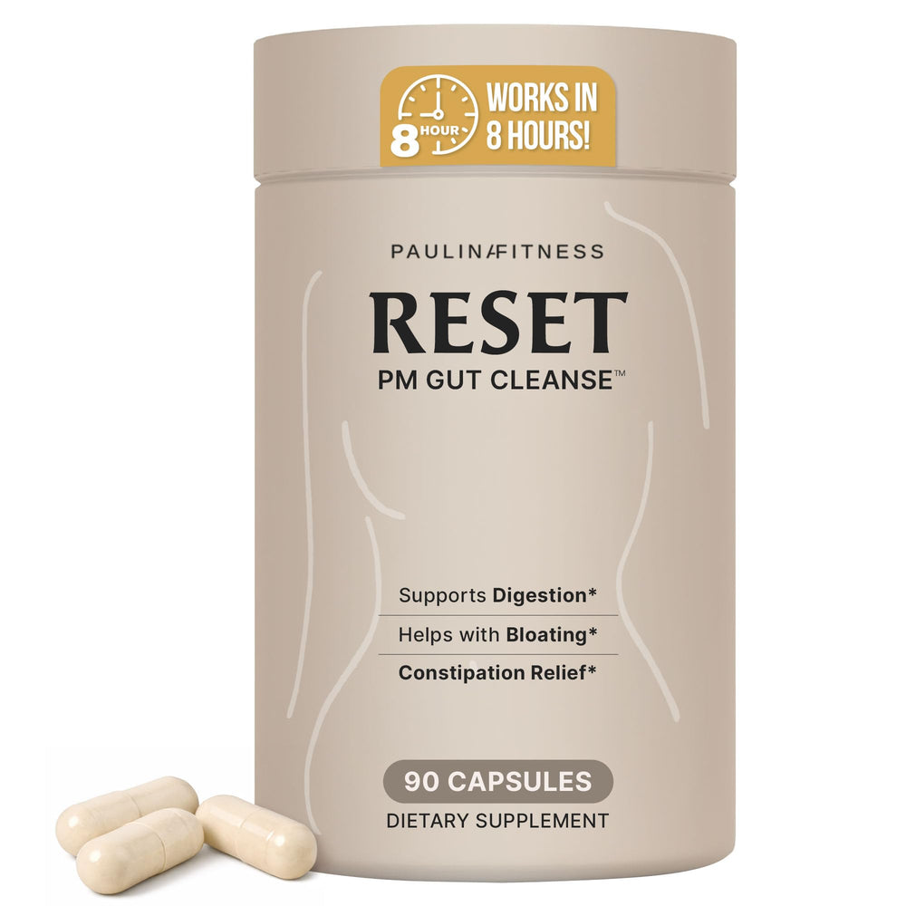 Paulina Fitness front packaging of Reset PM showing product benefits