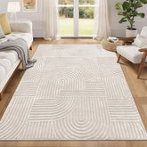 Pauwer front view of 5x7 beige rug showing modern pattern and calm tone, enhances room warmth