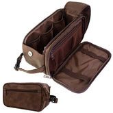 PAVILIA toiletry bag front view showing sleek dark brown PU leather and durable look
