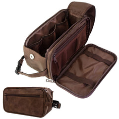 PAVILIA toiletry bag front view showing sleek dark brown PU leather and durable look