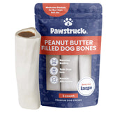 Pawstruck front packaging of three peanut butter filled femur bones, shows value
