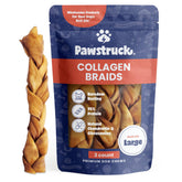 Pawstruck front packaging showing three large collagen braids, durable chew benefit