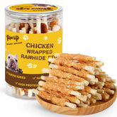 PAWUP jar front packaging showing chicken wrapped rawhide sticks and resealable lid, convenient storage