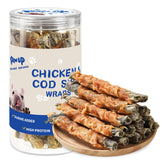 PAWUP front packaging showing chicken-wrapped cod skins and benefits