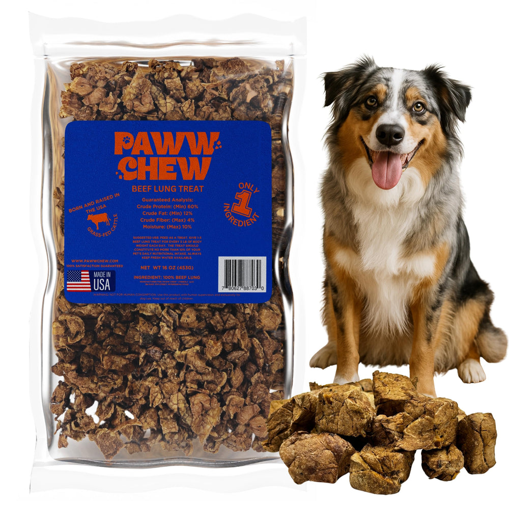 PAWW CHEW front packaging showing 1 lb bag and product clarity benefit