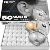 Peace&Quiet front packaging showing 50 wax earplugs and two cases for convenience