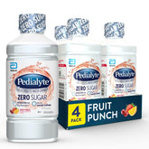 Pedialyte bottle front packaging showing Fruit Punch and zero sugar benefits