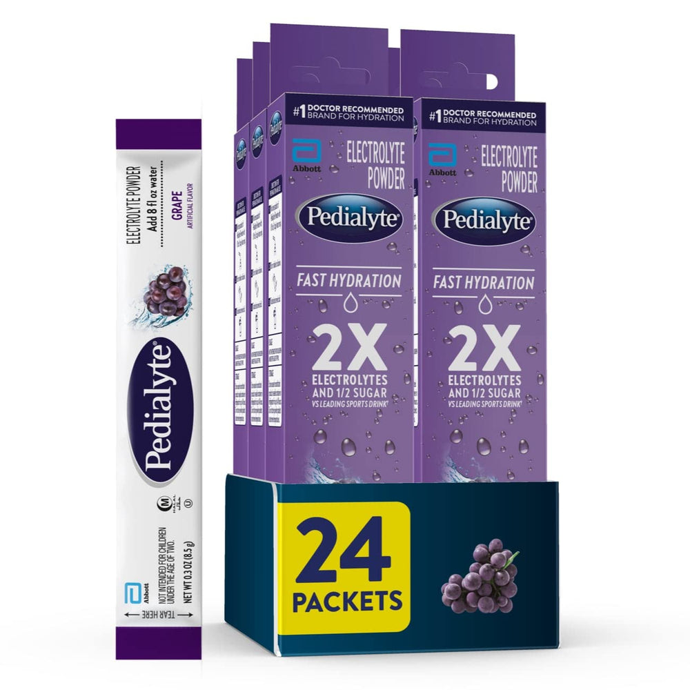 Pedialyte grape front packaging showing 24 packets and brand