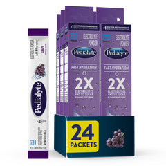 Pedialyte grape front packaging showing 24 packets and brand