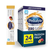 Pedialyte front packaging shows Passion Fruit packets and benefits for fast hydration