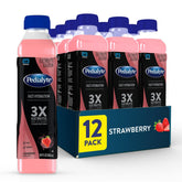 Pedialyte strawberry front packaging showing 12 bottles and hydration benefit