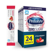 Pedialyte front packaging showing Strawberry flavor and zero sugar benefits