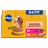 Pedigree front can showing chicken and beef flavor and clear labeling benefit