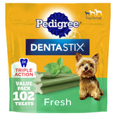 Pedigree Dentastix front packaging showing count and fresh flavor benefit