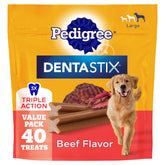 Pedigree Dentastix front pack view showing 40-count beef treats and clear label benefit