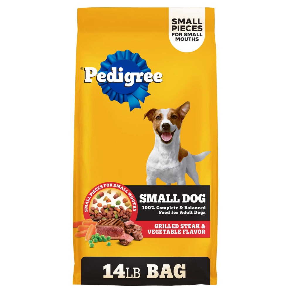 Pedigree front of bag showing grilled steak flavor and clear benefits