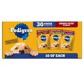 Pedigree pouch front packaging showing flavor and count benefits