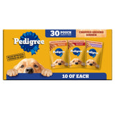 Pedigree front packaging variety pack showing 30 pouches and convenience