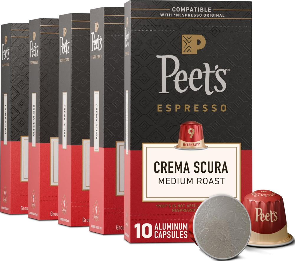 Peet's front packaging showing five boxes with bold branding and convenience