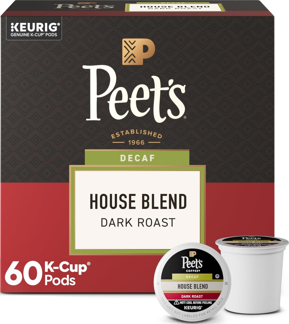 Peet's front box of decaf house blend K-Cups showing packaging benefit