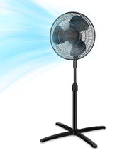 PELONIS front view of 16-inch pedestal fan showing airflow benefit