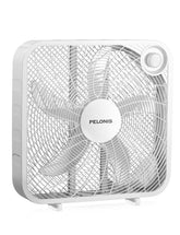 PELONIS front view box fan showing grill and even airflow benefits