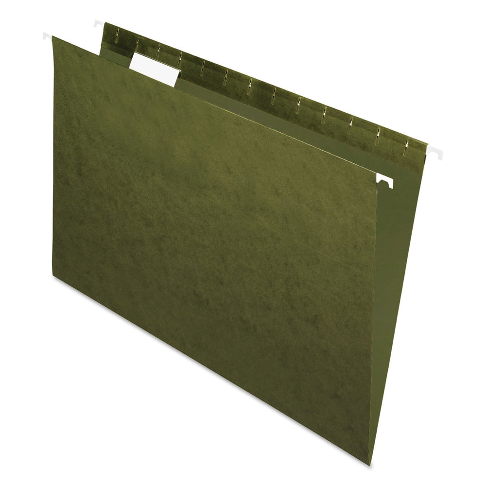 Pendaflex front view of green legal hanging file pack showing included tabs and inserts