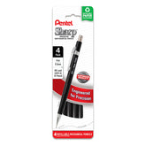 Pentel Sharp pack front view showing four black-barrel pencils and benefits