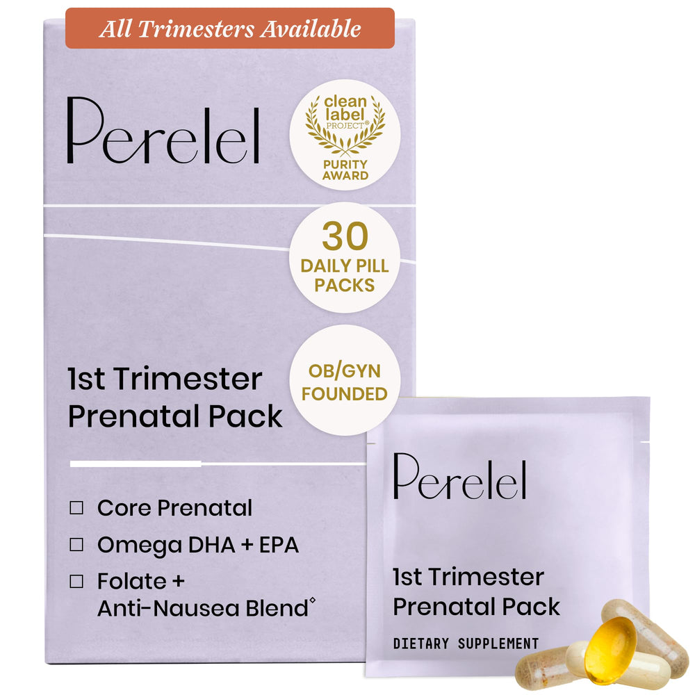 Perelel front packaging showing first trimester daily prenatal pack benefits