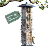 Perky-Pet front view feeder showing bird access and durable build benefit