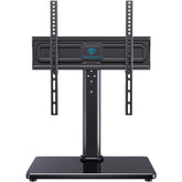 PERLESMITH front view of assembled TV stand showing stable tempered glass base and TV support