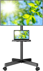 PERLESMITH front view of rolling TV stand showing secure mount and shelf for space efficiency