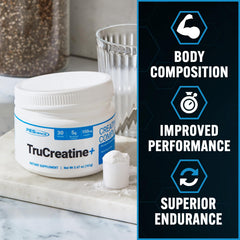 PEScience TruCreatine+ powder close-up highlighting micronized texture benefit