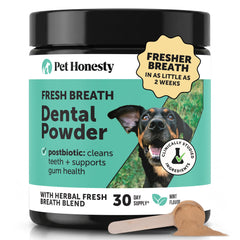 Pet Honesty front packaging showing jar and 30 servings for easy daily dental care
