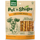 Pet 'n Shape front packaging showing fresh chicken-wrapped twists and freshness seal
