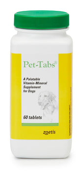 Pet-Tabs front package showing 60 chewables and product labeling benefit convenience