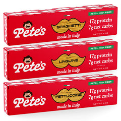 Pete's Pasta front packaging trio showing variety and convenience