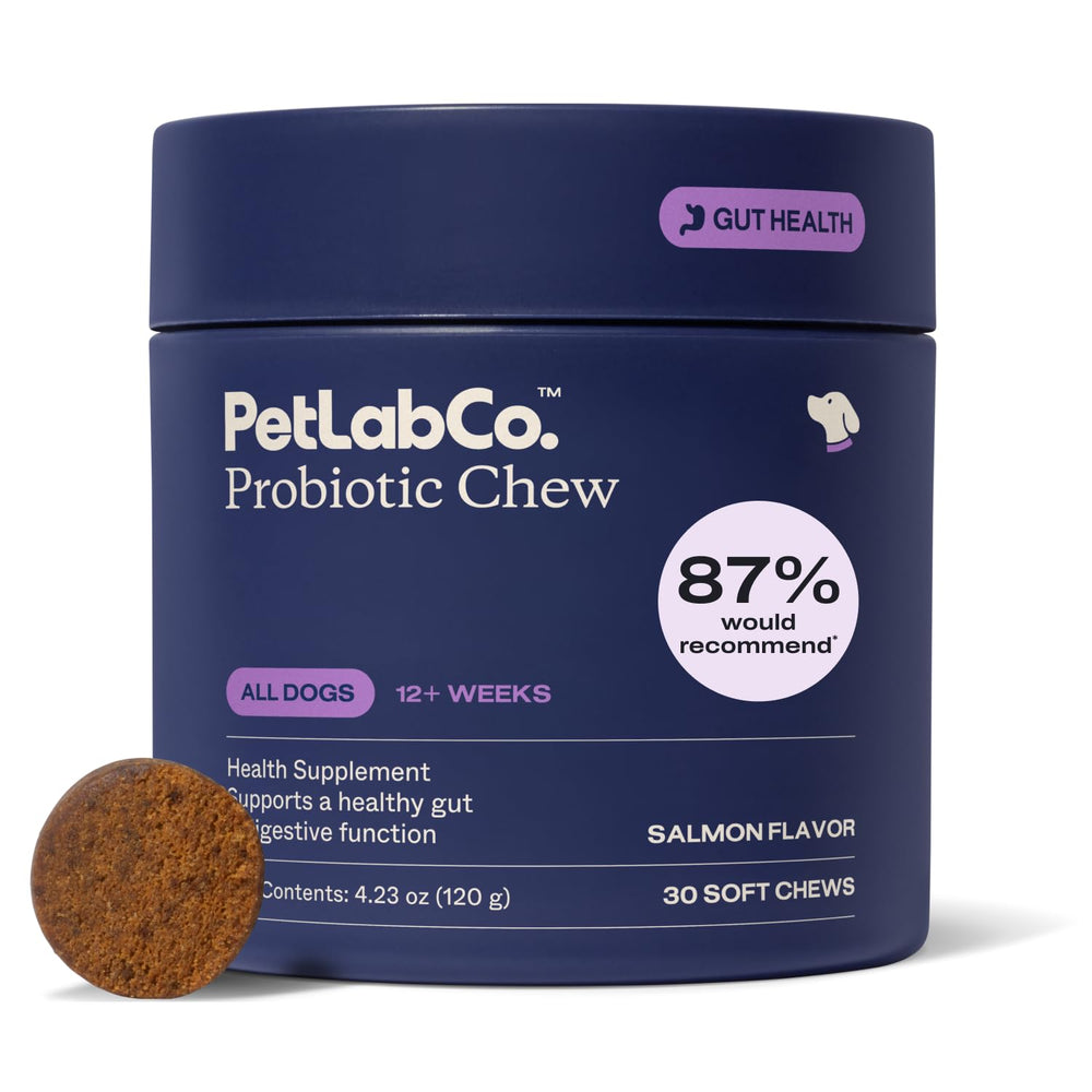 PetLab Co. front packaging showing salmon probiotic chews and benefits