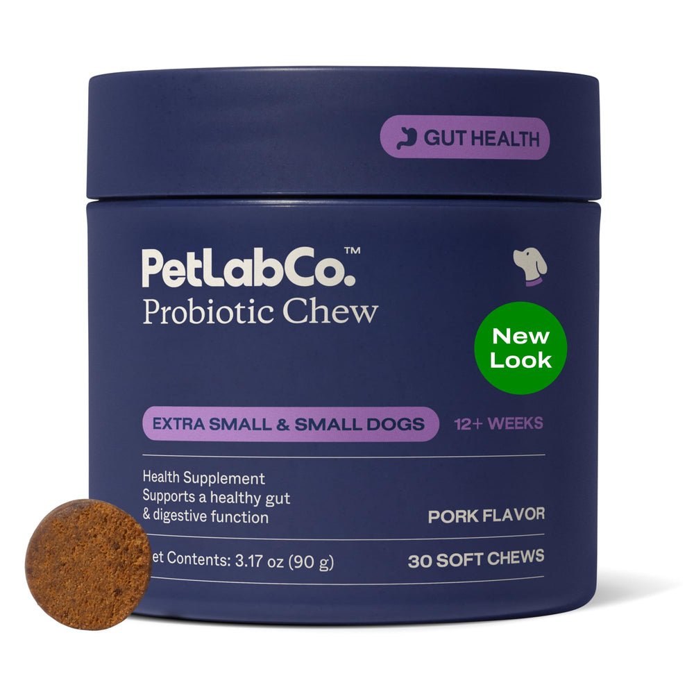 PetLab Co. package front showing small-dog probiotic chews and clear labeling benefit