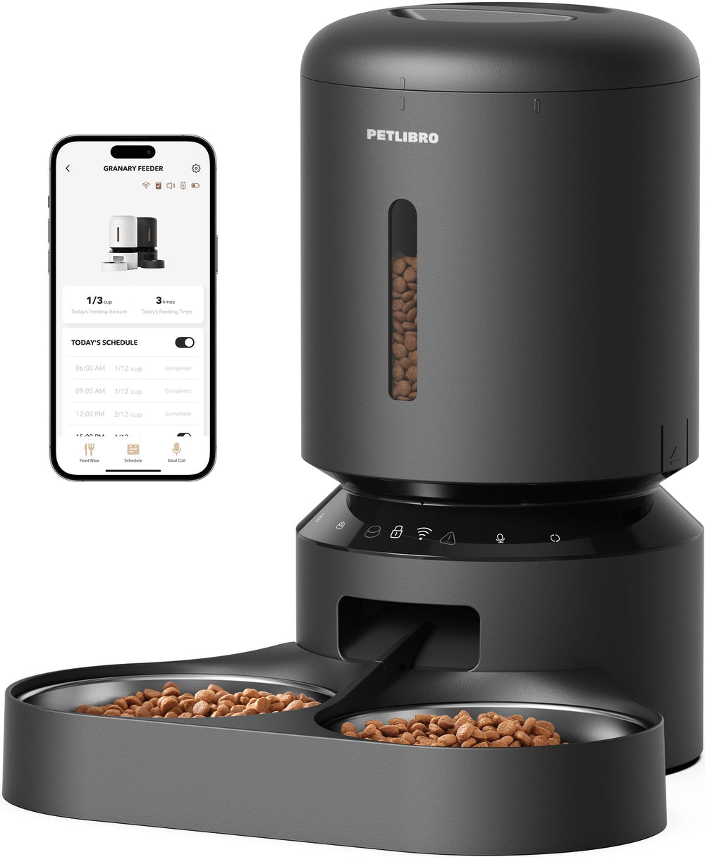 PETLIBRO front view showing dual bowls and compact footprint for portion control