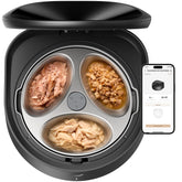 PETLIBRO feeder front view showing buttons and lid, reliable scheduled feeding