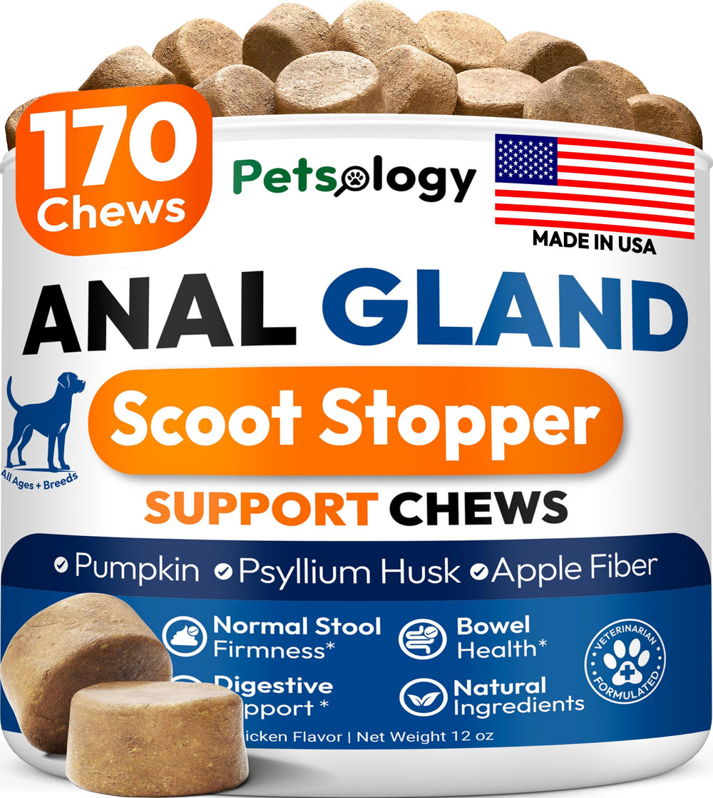 Petsology front packaging jar showing 170-count chews and product name benefit