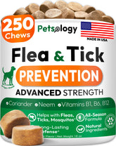 Petsology front packaging showing chewable flea and tick prevention benefits