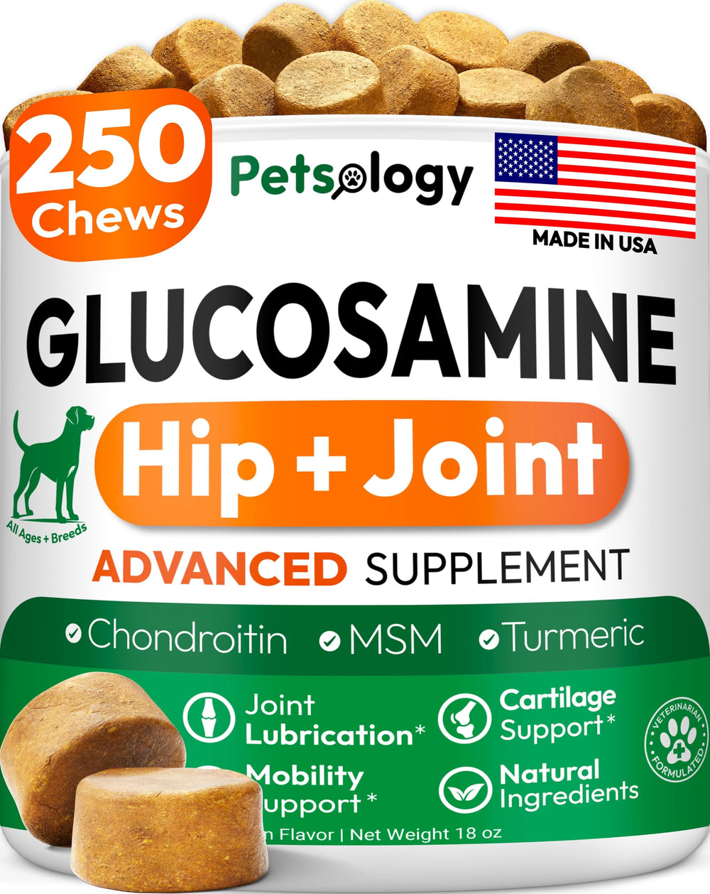 Petsology front packaging showing glucosamine chews and count benefit