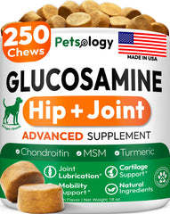 Petsology front packaging showing glucosamine chews and count benefit