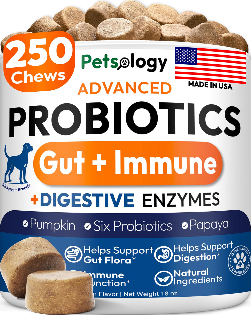 Petsology front packaging showing probiotics chews and benefits