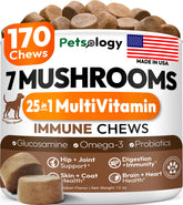 Petsology front packaging showing 170 chews and multi-mushroom benefits